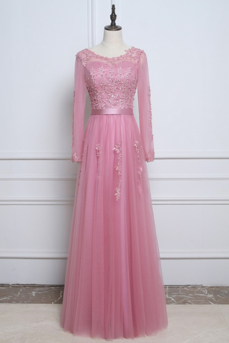 Rose Pink Real Sample Prom Evening Dresses With Long Sleeves Lace Appliques Pearls Robe De Soiree