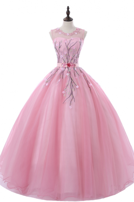 Rose Pink Ball Gown Evening Gowns Lace Appliques Emboridery Flowers Sweet 16 Teens Party Prom Dresses