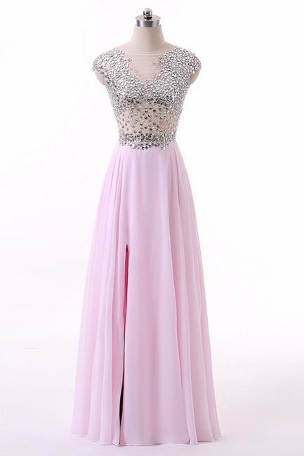 Pink Chiffon A Line Boat Neck Cap Sleeves Long Prom Dresses Floor Length High Slit Beading Prom Gown