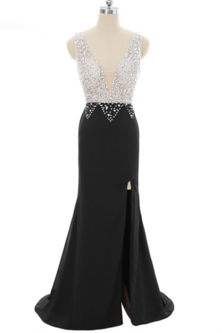 Black Prom Dresses Mermaid V-neck Beaded Crystals Slit Sexy Robe De Soiree Long Prom Gown Evening Dresses Evening Gown