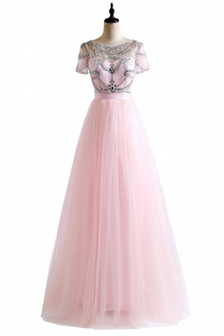 Short Sleeves Ball Gown Robe De Soiree Crystal Beading Pink White Colors Tulle Sexy Backless Beach Prom Dresses