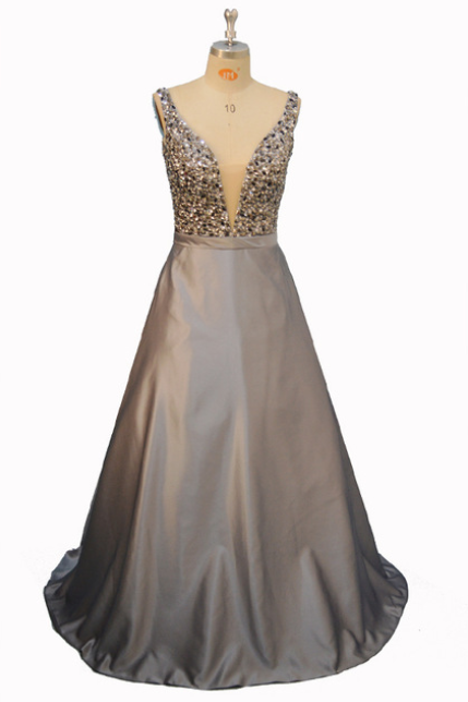 Sexy Deep V-neck Long Prom Dresses Elegant Sleeveless Crystal Beaded Gray Satin Open Back Formal Evening Party Gown