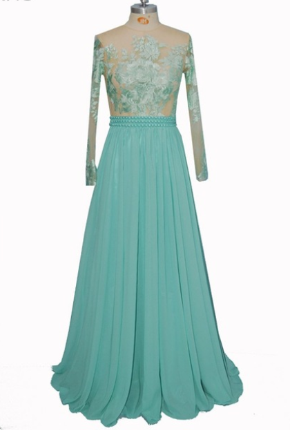 Turquoise See Through Sexy Prom Dress With Long Sleeves A-line Fashion Lace Pearls Long Evening Dresses