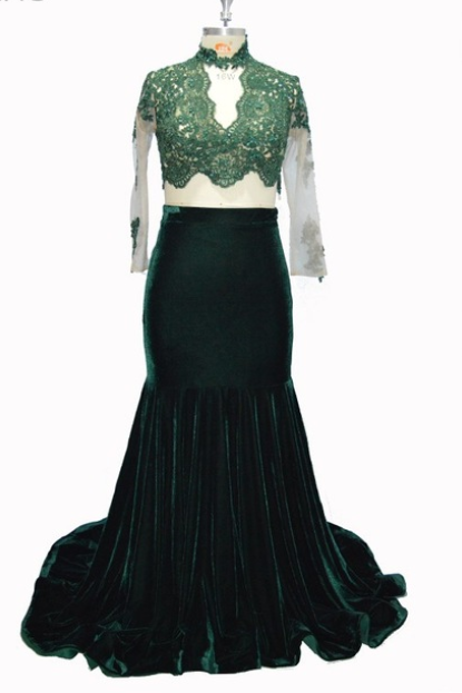Two Pieces Prom Dresses Long Sleeves With Lace Appliques Velvet Mermaid Prom Dress Formal Party Evening Dress