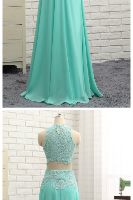 Prom Dresses ,a-line High Collar Chiffon Lace Two Pieces Long Prom Gown ,evening Dresses ,evening Gown