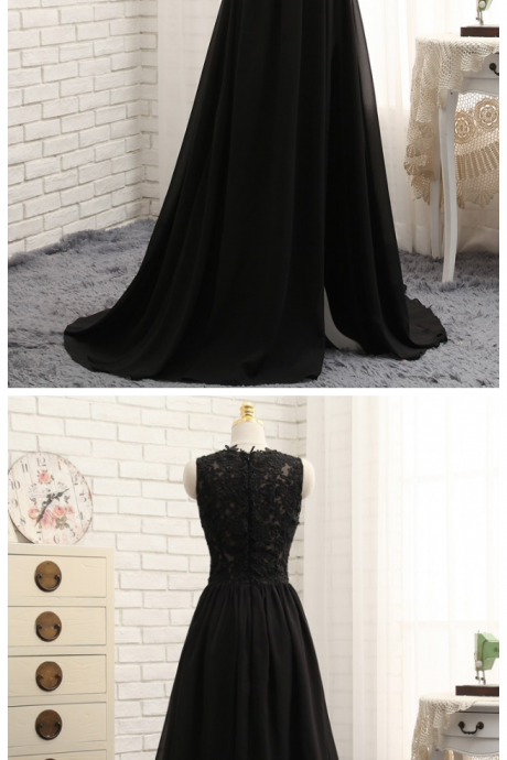 Prom Dresses, A-line Black Chiffon Appliques Lace Sexy Long Prom Gown ,evening Dresses, Evening Gown