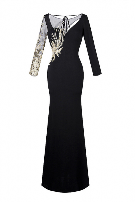 Women's Long Sleeves Embroidery Hollow Out See Through Floor Length Evening Dress Black