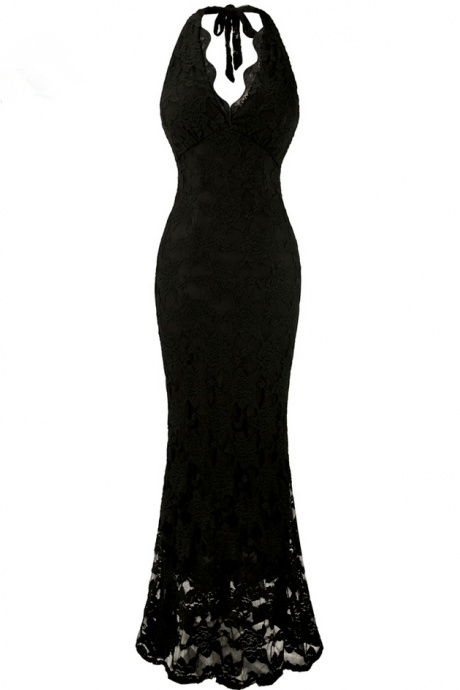 Halter Sleeveless Lace Long Evening Dresses Black Prom Dresses
