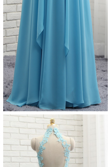 Prom Dresses, A-line High Collar Sky Blue Chiffon Lace Sexy Long Prom Gown ,evening Dresses, Evening Gown