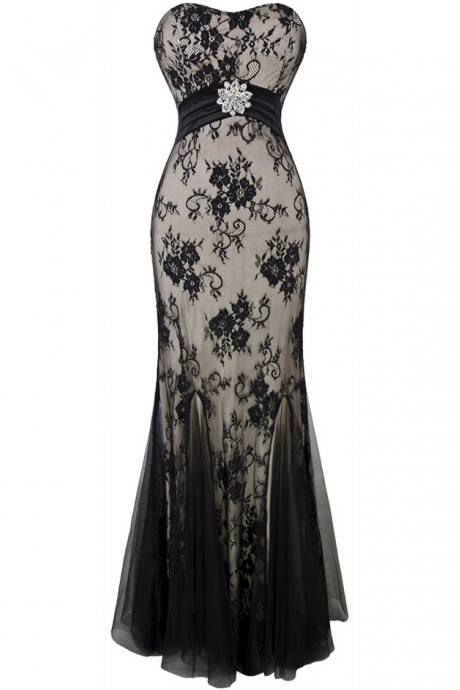 Strapless Crystal Lace Mermaid Long Evening Dress Black Ballkleid Prom Dress