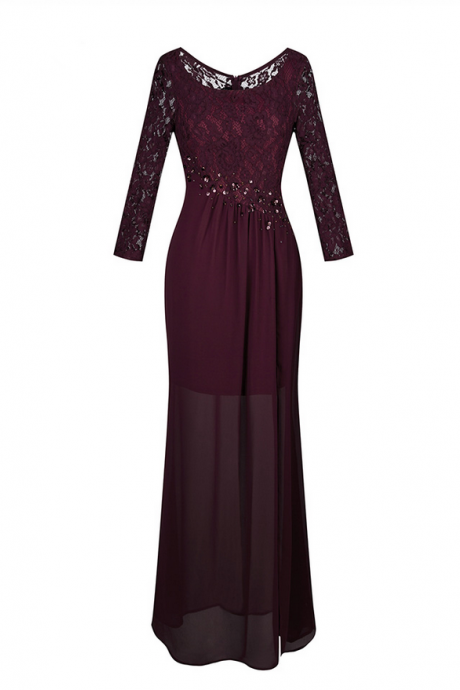 Women&amp;#039;s Long Bridesmaid Dress Scoop Neck Lace Long Sleeve Transparent Beading Pleat Slit Wine Red
