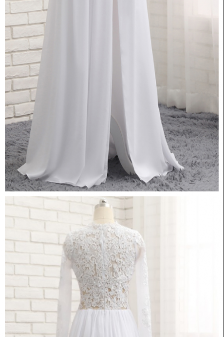A-line Sweetheart Cap Sleeves White Chiffon Lace Slit Long Elegant Prom Dresses, Prom Gown,evening Dresses ,evening Gown