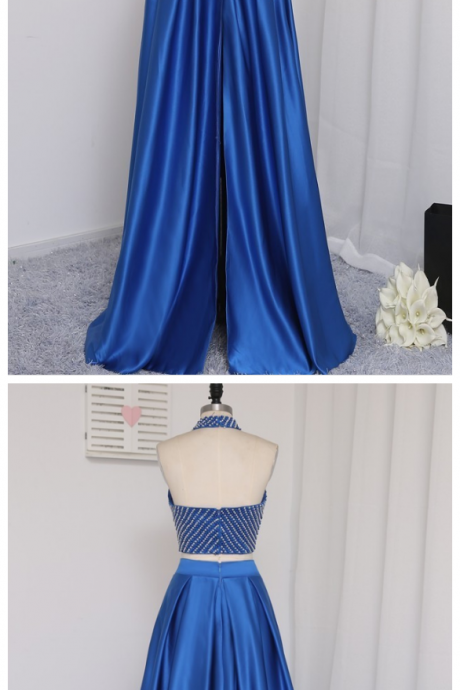 Prom Dresses ,a-line High Collar Floor Length Pearl Two Pieces Prom Gown, Evening Dresses ,evening Gown