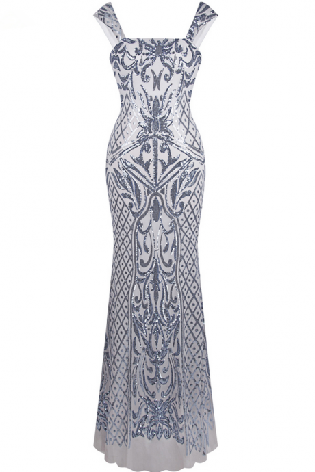 Vintage Gatsby Flapper Sequin Mermaid Long Evening Dress Silver Prom Dress