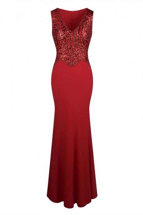V Neck Sequin Beaded Mermaid Long Evening Dress Formal Party Red Silver Prom Dress