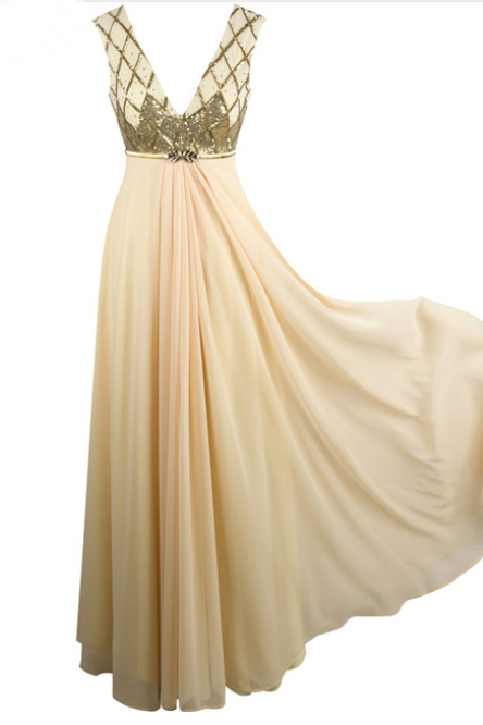 Sequin Backless Sashes Chiffon Swing Formal Party Long Prom Dresses Champagne