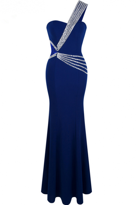 One Shoulder Beading Mermaid Long Evening Dress Formal Dresses Blue Prom Dress