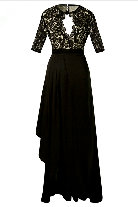 Scoop Neck Short Sleeve Hollow Out Lace Slit Draped Satin Long Evening Dress Black Prom Dress