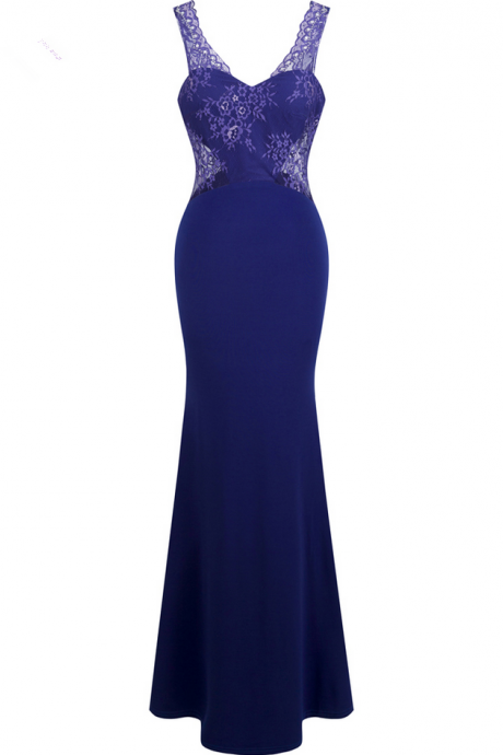 Sleeveless V Neck Perspective Lace Backless Mermaid Dress Vestidos De Noche Long Evening Dress Blue