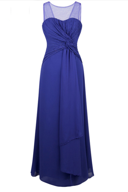 Sleeveless Pleated Criss-cross Beading Chiffon Long Evening Dresses Blue Prom Dress