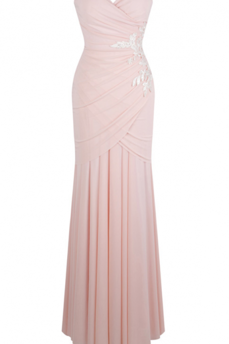 Elegance Pleat Appliques Wedding Party Long Evening Dresses Pink Prom Dress