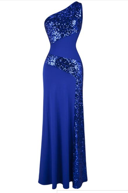 One Shoulder Sleeveless Splicing Sequins Full Length Party Dress Blue Prom Dress