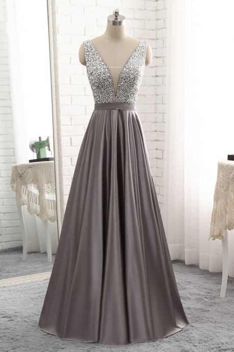 Luxury Long A-line Evening Dresses Sexy Gray Satin Beaded Vestido De Prom Party Gown