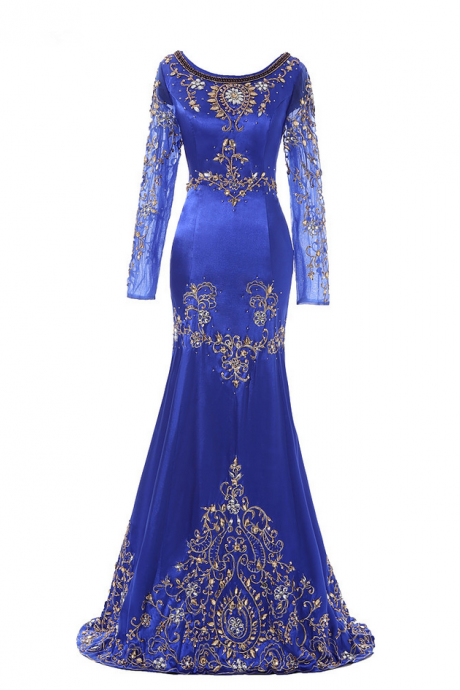 Royal Blue Beaded Muslim Evening Dress Long Sleeves Moroccan Kaftan Dress Stretch Satin Chiffon Party Gowns