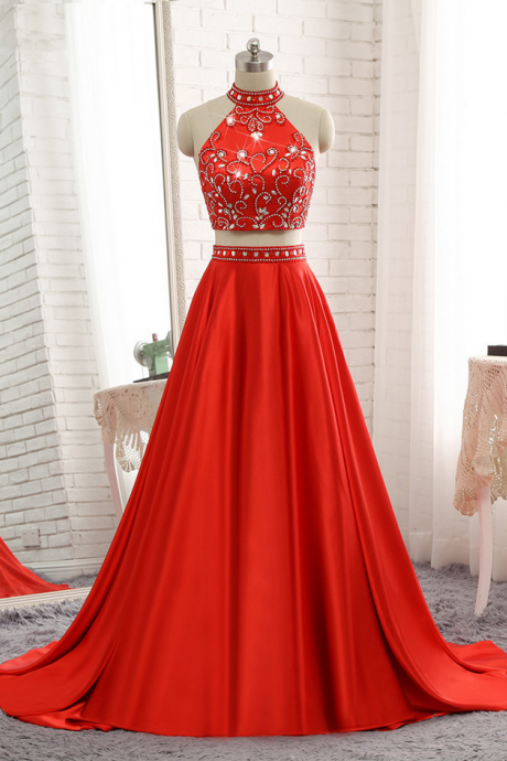 Luxury Long A-line Red Evening Dresses Soft Satin Beaded Vestido De Prom Party Gown