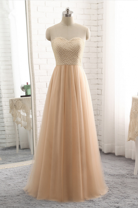 Luxury Long A-line Evening Dresses Sexy Champagne Pearls Vestido De Prom Party Gown
