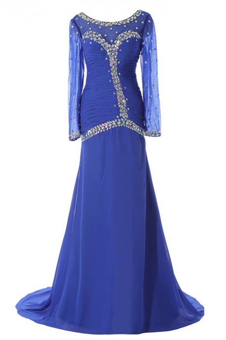 Luxury Long Mermaid Royal Blue Chiffon Beaded Evening Dresses Vestido De Prom Party Gown