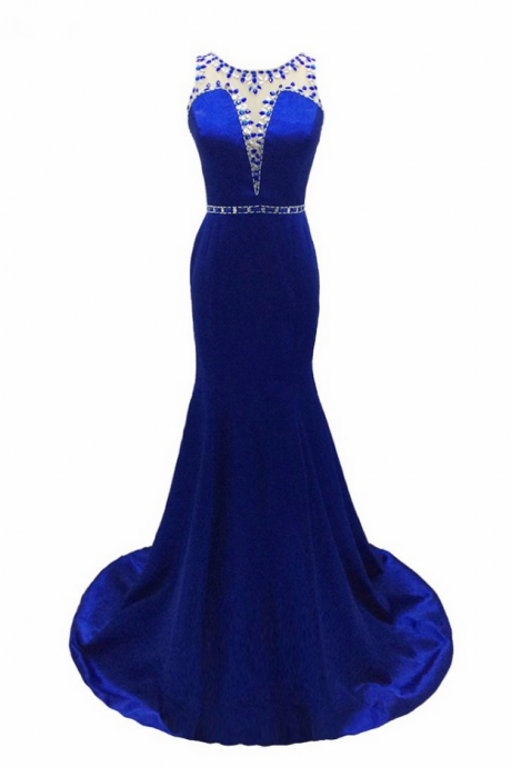 Long Luxury Mermaid Royal Blue Stretch Satin Beaded Evening Dresses Sexy Cap Sleeves Prom Party Gown