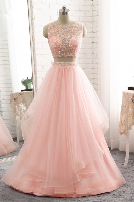 Luxury Long A-line Evening Dresses Sexy Pink Tulle Beaded Vestido De Prom Party Gown