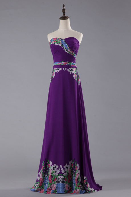 Long A-line Purple Chiffon Pleats Evening Dresses Vestido De Festa Strapless Sweetheart Prom Party Gown