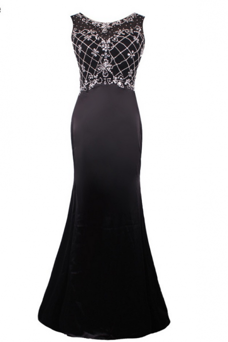 Luxury Black Satin Beaded Mermaid Evening Dresses Charming Vestido De Festa Long Cap Sleeves Prom Gown