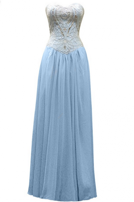 Luxury Light Blue Chiffon Beaded Top Evening Dresses Vestido De Festa Long A-line Strapless Prom Gown