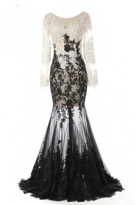 Long Mermaid Champagne Top Black Skirt Appliques Beaded Evening Dresses Sexy Long Sleeves Prom Party Gown