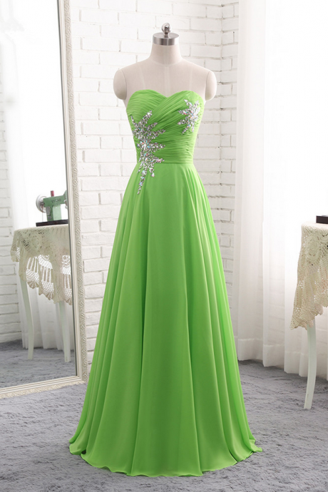 Luxury Long A-line Evening Dresses Sexy Grass Green Pleats Beaded Vestido De Festa Strapless Prom Party Gown