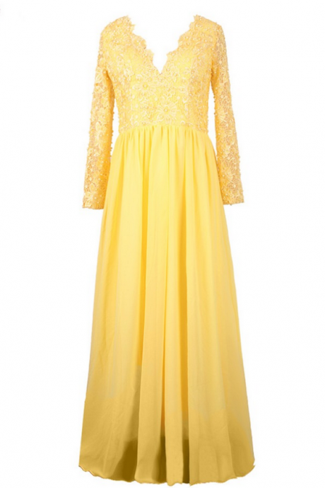 Luxury Yellow Chiffon Lace Pearls Evening Dresses Vestido De Festa Sexy Long A-line Backless Lady Prom Gown