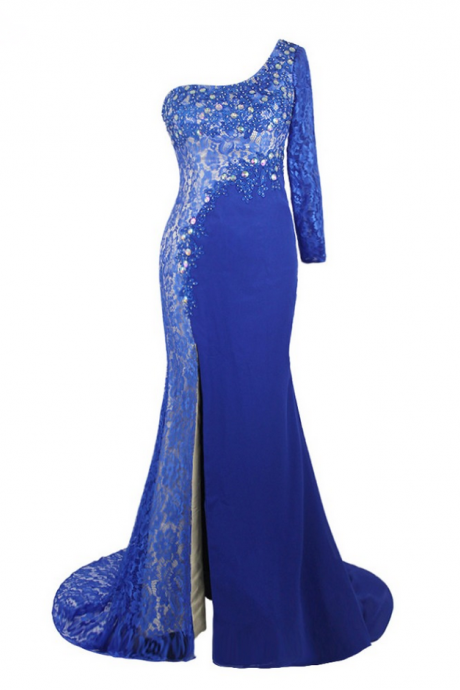 Luxury Blue Chiffon Lace Appliques Beaded Evening Dresses Vestido De Festa One Long Sleeves Gown