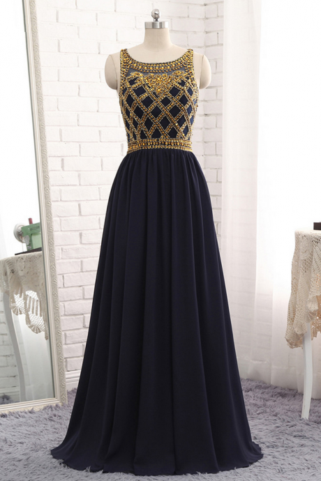 Long A-line Navy Blue Chiffon Gold Beads Evening Dresses Straps Luxury Sweet 16 Prom Party Gowns