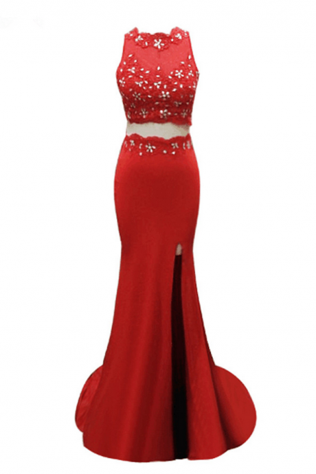 Long Mermaid Red Spandex Appliques Beaded Evening Dresses Luxury Vestido De Festa Two Pieces Prom Party Gown