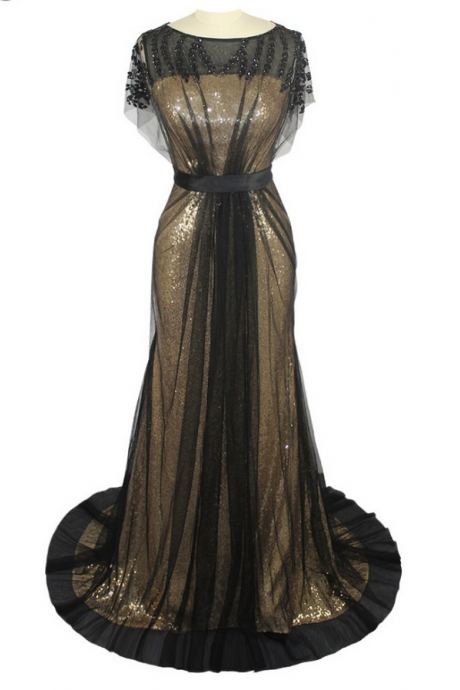 Luxury Black Tulle Beaded Gold Sequins Evening Dresses Vestido De Festa Long Mermaid Cap Sleeves Prom Gown