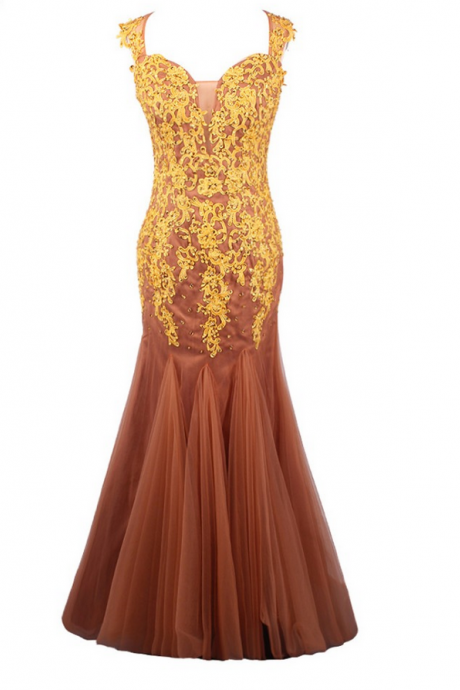 Luxury Brown Tulle Appliques Beaded Evening Dresses Mermaid Long Cap Sleeves Prom Gown