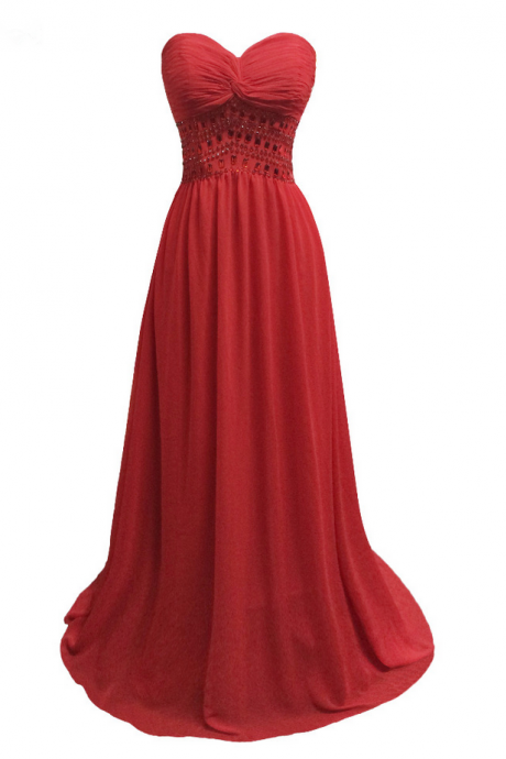 Long A-line Red Chiffon Pleats Beaded Evening Dresses Vestido De Festa Sweetheart Prom Party Gowns