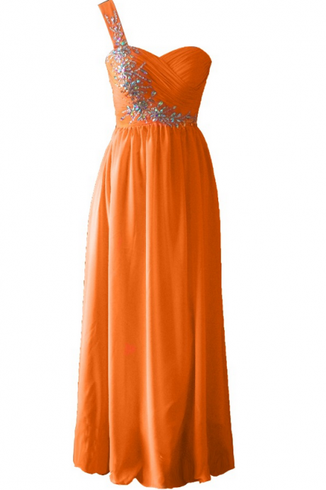 Luxury Long A-line Orange Chiffon Pleats Beaded Evening Dresses Vestido De Festa One Strap Prom Party Gown