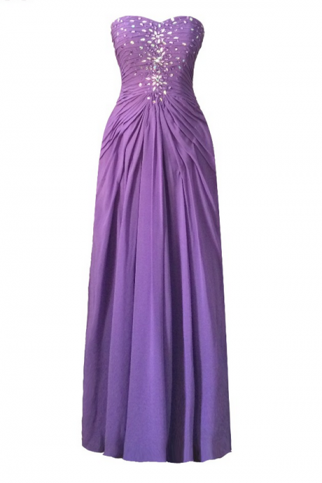 Luxury Long A-line Purple Chiffon Pleated Beads Evening Dresses Vestido De Festa Strapless Prom Party Gown