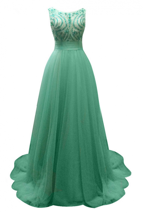 Long A-line Green Tulle Beaded Evening Dresses Sexy Elegant V-back Vestido De Festa Prom Party Gowns