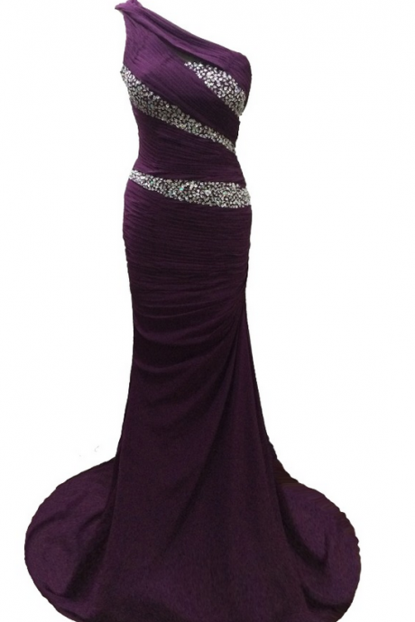 Luxury Long Mermaid Purple Chiffon Pleats Beaded Evening Dresses Vestido De Festa One Strap Prom Party Gown