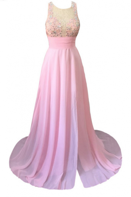 Luxury Long A-line Pink Chiffon Evening Dresses Beaded Appliques Back Hole Prom Party Gown